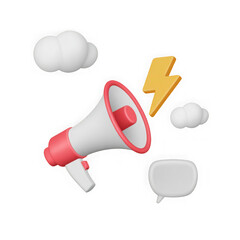 Megaphone announcing announcement with lightning and speech bubble isolated on transparent background