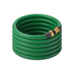 Green garden hose coiled neatly with brass connector, isolated isolated on transparent background