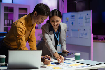 Project manager working and update tasks with milestones progress planning and photo professional investor working new start up project in the Office.