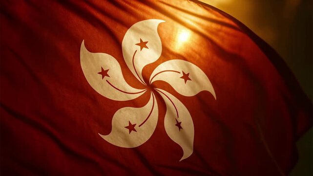 Closeup of Hong Kong flag at sunset waving in slow motion