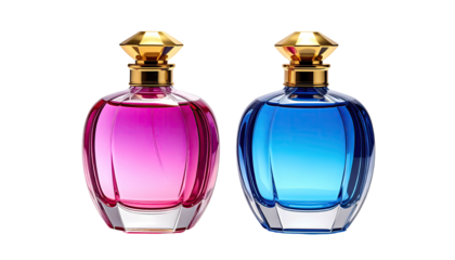 Two bottles filled with pink and blue liquid, gold caps
