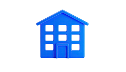 Blue two-story house icon on black background