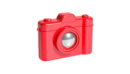 Red camera, front view, glossy lens, set on a black background