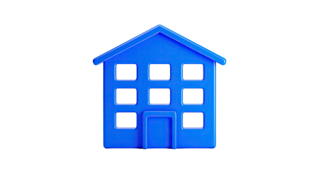 Blue two-story house icon on black background