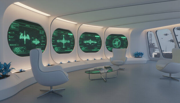 Futuristic Command Center Interior with High-Tech Console Displays - Powered by Adobe