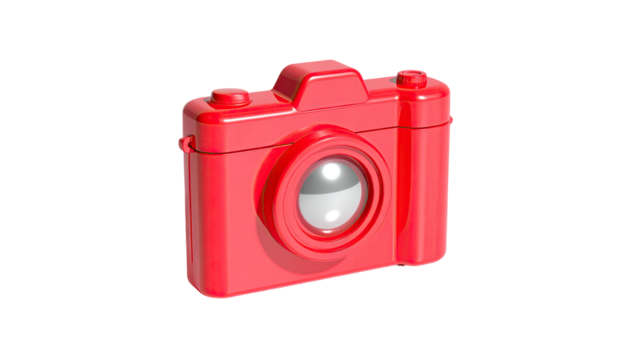 Red camera, front view, glossy lens, set on a black background