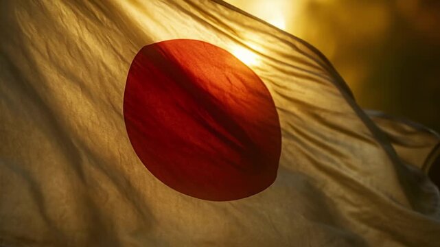 Closeup of Japan flag at sunset waving in slow motion