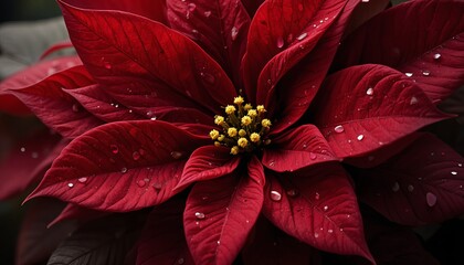 Stunning close-up of vibrant red poinsettia with fresh water droplets for holiday designs