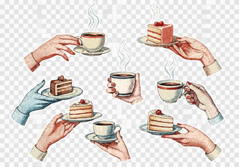 Several hands holding cups of steaming coffee and slices of cake with cherries on top, presented in a vintage illustration style.
