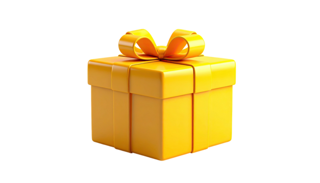 Glossy, yellow gift box with bow, isolated on black background