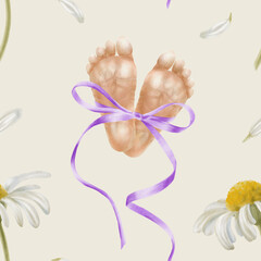 Premature baby feet tied with purple silk ribbon bow and chamomile flowers.Symbolic watercolor illustration for neonatal awareness,World Prematurity Day campaigns,and supportive charity projects