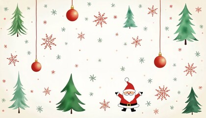 Playful Christmas background with Santa, trees, and snowflakes for festive decoration
