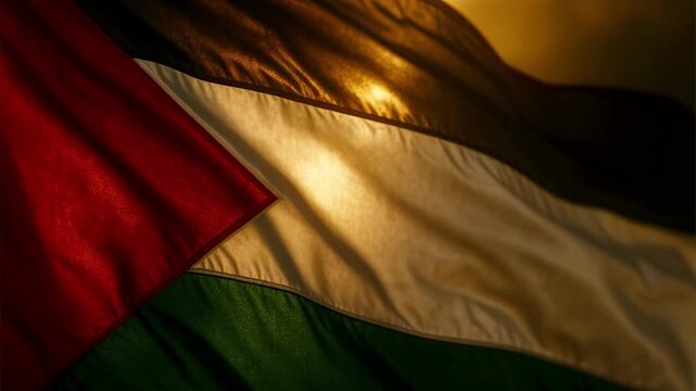 Closeup of Palestine flag at sunset waving in slow motion