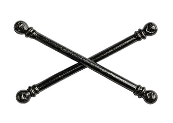 Crossed, dark, textured rods with sphere finials