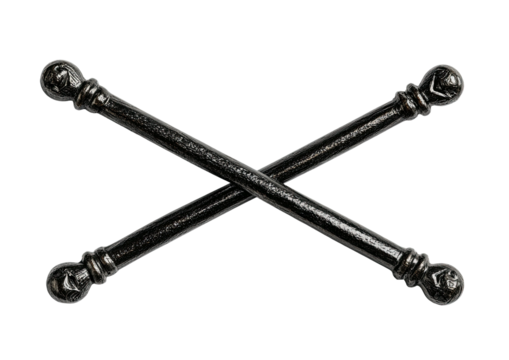 Crossed, dark, textured rods with sphere finials