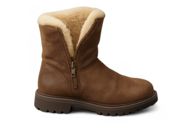 Brown suede winter boot with soft shearling lining and zipper, keeping feet warm and cozy in cold weather