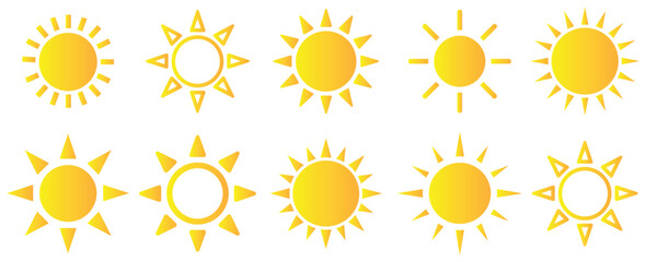 Collection of sun icons isolated on white background, depicting various styles and designs, perfect for weather forecasts, summer themes, and childrens illustrations