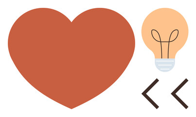 Red heart, glowing lightbulb, and coding brackets emphasize creativity, innovation, and emotional intelligence. Ideal for technology, coding, teamwork, compassion design problem-solving and modern