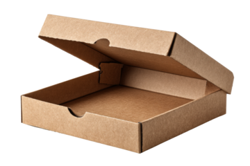 Blank pizza box with slightly open lid on white background and soft lighting