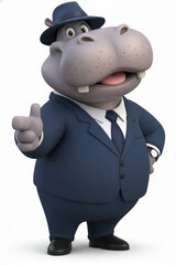 Cute Cartoon Hippopotamus Businessman Giving Thumbs Up