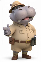 Cute Cartoon Hippopotamus Explorer Giving Thumbs Up