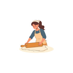A young woman with a culinary apron elegantly rolls the dough using a rolling pin in a bright