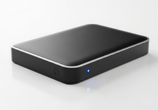 Sleek black external hard drive with blue led light