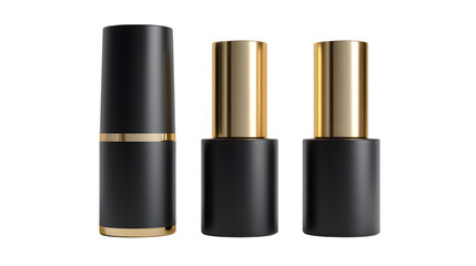 Obraz premium Three black nail polish bottles with gold caps isolated on a transparent background