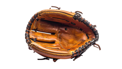 Open, well-worn, light brown baseball glove on a dark background