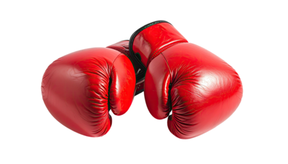 Two red boxing gloves, resting, leather surface