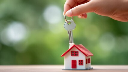 A hand holds keys above a small model house, symbolizing the excitement of homeownership and the real estate journey. The blurred greenery in the background adds a refreshing touch