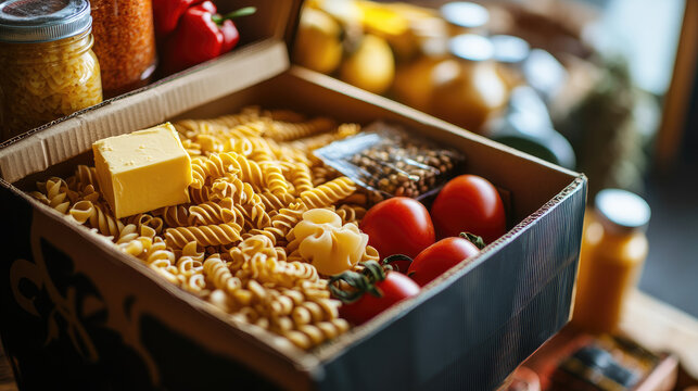 close-up of an open grocery box with various food items, symbolizing aid, donation and charity