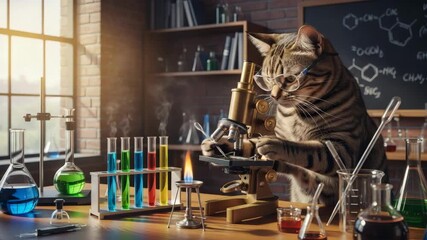 Anthropomorphic cat scientist using microscope with colorful chemical lab equipment - Powered by Adobe