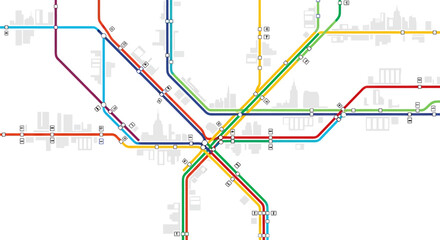 Obraz premium Graphic illustration of a vibrant urban metro map with interconnected lines and stations, set against a subtle city skyline, symbolizing modern public transport and city navigation