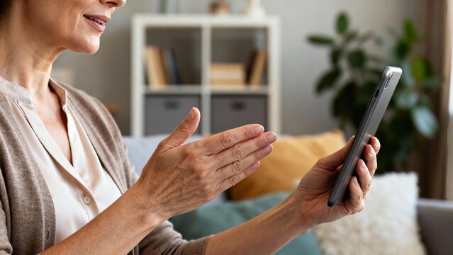 Older woman enjoying a video call at home while sitting on a couch