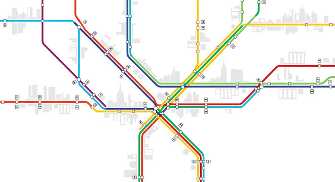 Graphic illustration of a vibrant urban metro map with interconnected lines and stations, set against a subtle city skyline, symbolizing modern public transport and city navigation