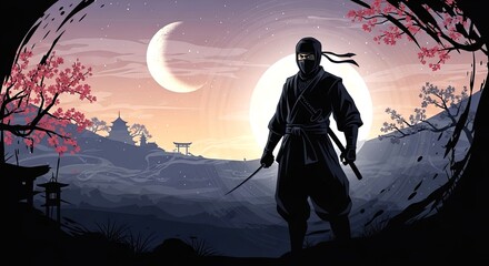 Mysterious Ninja Warrior Silhouette Against a Scenic Japanese Landscape at Dusk