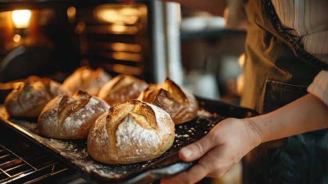 Person takes freshly baked round loaves of bread from oven