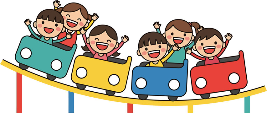 Joyful children riding a colorful roller coaster, experiencing thrilling amusement park adventure with laughter and excitement