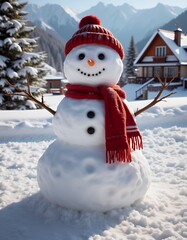 Obraz premium Festive snowman wearing cozy hat and scarf in wintery snowy landscape with bright daylight snowman christmas holiday decoration winter season cute snow