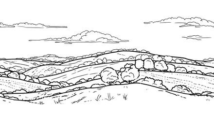 Hills and clearings, black and white sketch. Vector drawing.Trees and bushes on the horizon, a seamless border isolated on a white background. Fluffy clouds in the sky. Hand-drawn rural landscape