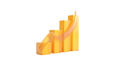 Golden bar graph with a rising arrow against black background