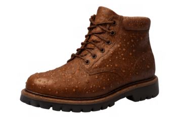 Brown leather classic work boot showing waterproof surface with water drops, isolated on transparent background