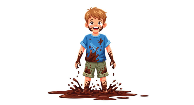 A cheerful cartoon boy with messy clothes stands happily in a splashing mud puddle, isolated on a white background.