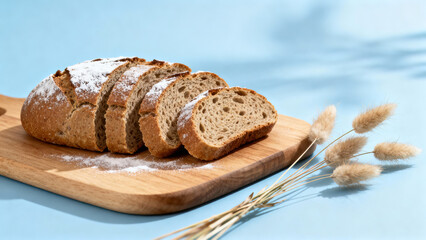 Freshly baked whole grain bread sliced on a wooden board with decorative wheat