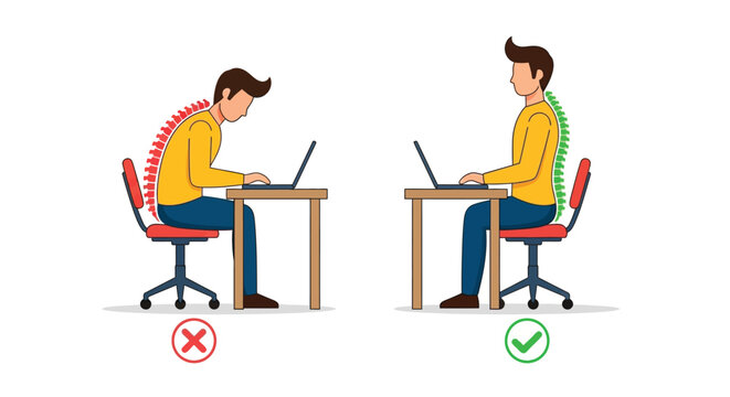 Illustration comparing correct and incorrect ergonomic sitting posture while working on a laptop at a desk.