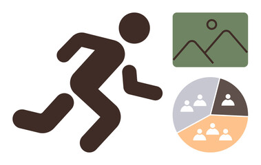 Person in motion symbolizing action, progress, or goal-setting near a chart and landscape image. Ideal for productivity, analysis, workflow, teamwork, fitness, visualization simple flat metaphor