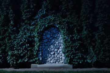 Obraz premium Stone archway in lush green hedge illuminated at night time