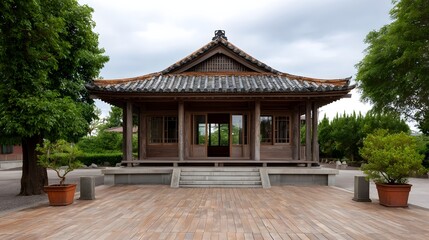 A serene traditional wooden pavilion with a grey tiled roof is set amidst lush greenery and a wooden planked courtyard