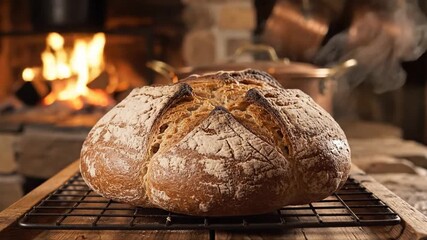 Rustic bread cooling on a rack, cozy kitchen setting with a warm glow, perfect for autumn gatherings or homemade baking inspiration